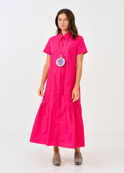 שמלה שרוול קצר כיווצים בצדדים ורוד פוקסיה
