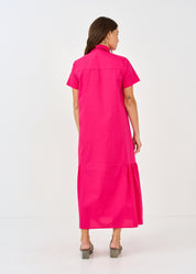 שמלה שרוול קצר כיווצים בצדדים ורוד פוקסיה