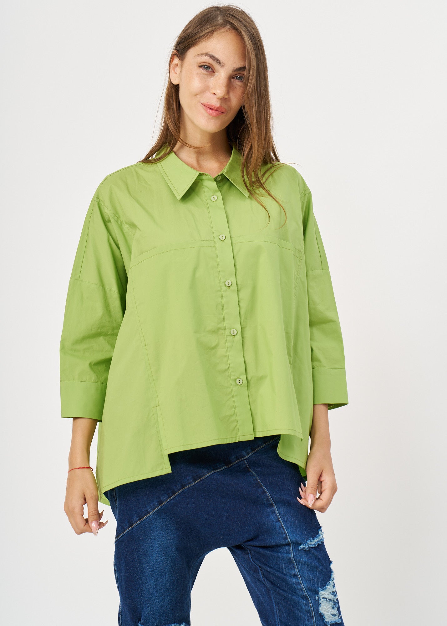 Green button-down shirt with straight pockets