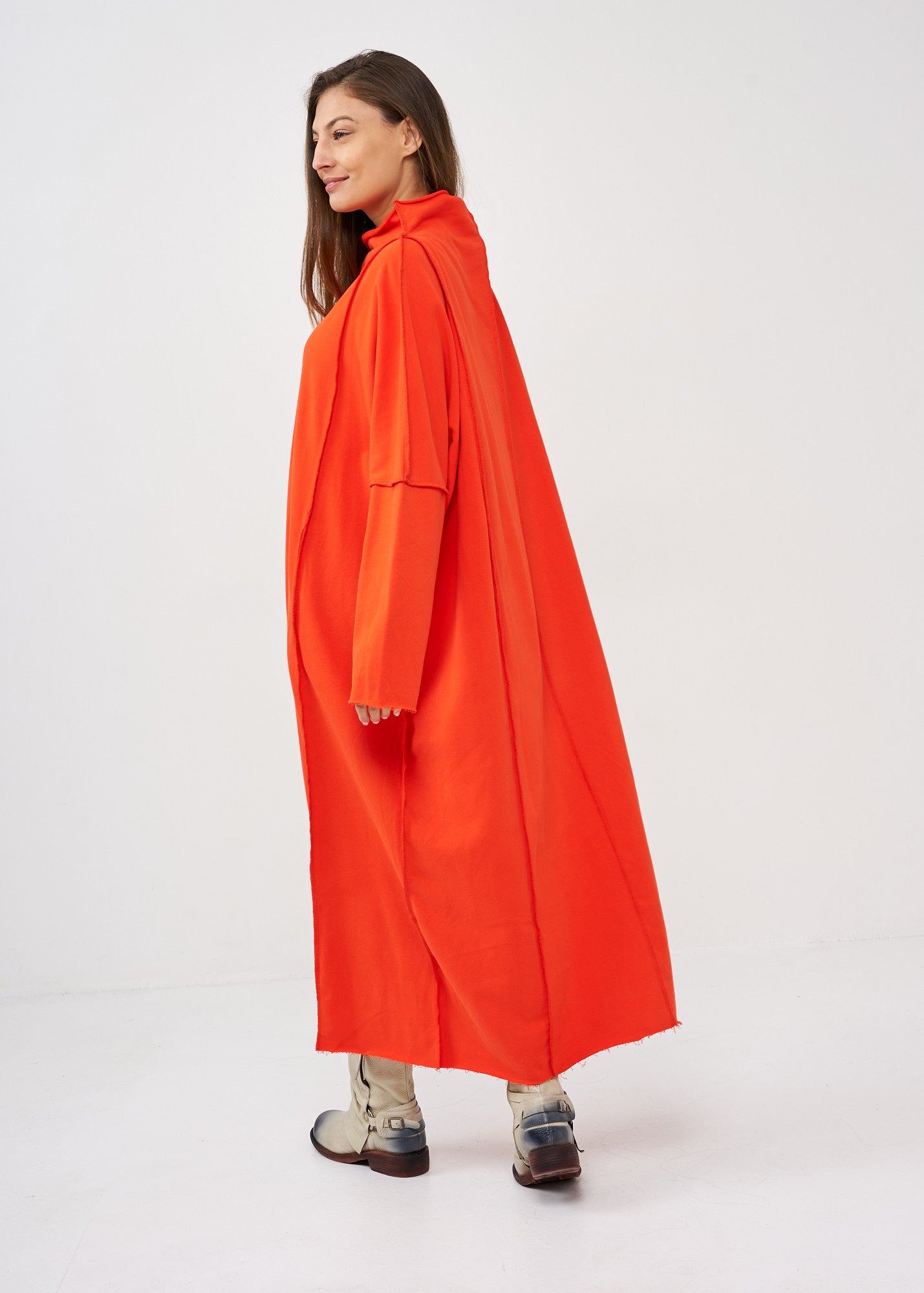Orange vertical stitching sleeve dress