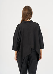 Black button-down shirt with rounded hem