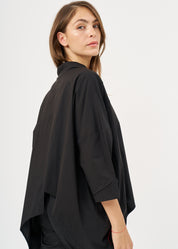 Black button-down shirt with rounded hem