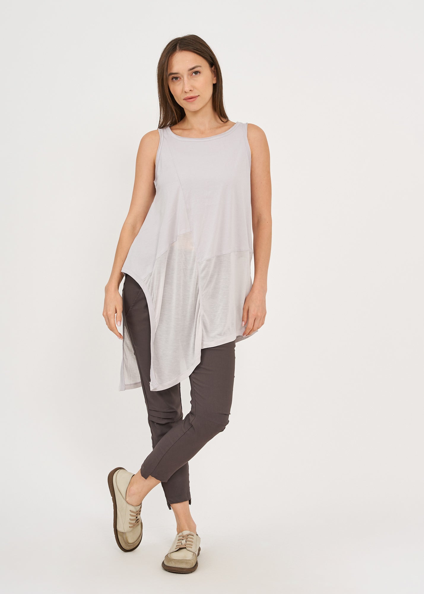 Gray triangle forward model long tank top