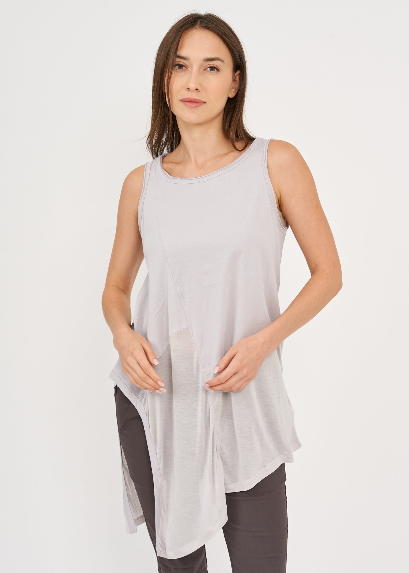Gray triangle forward model long tank top