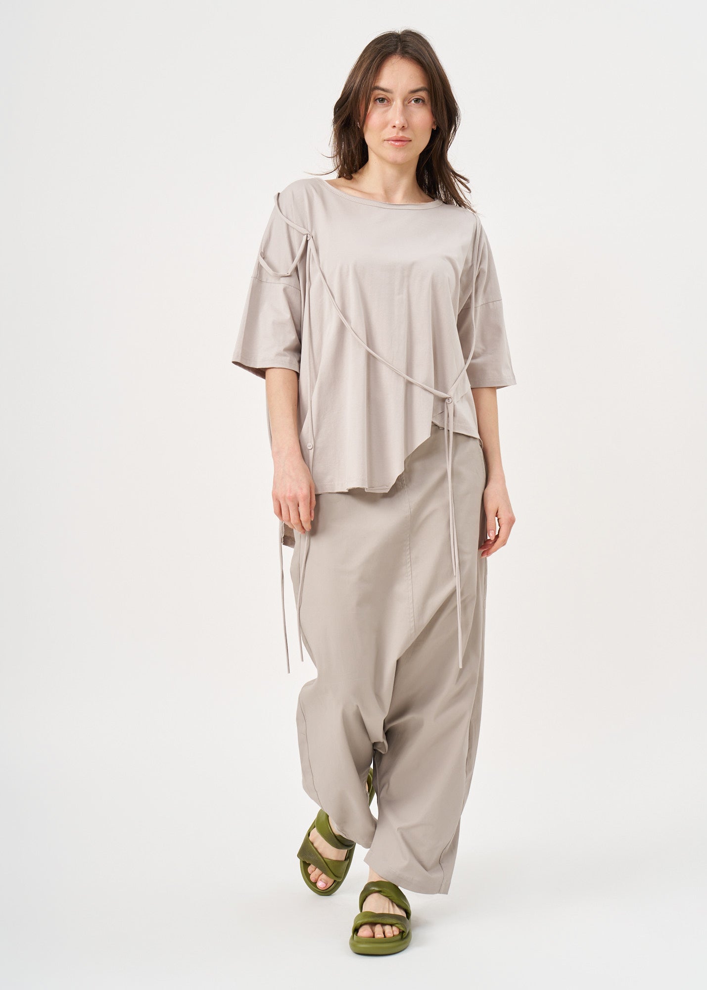 Light gray drawstring T-shirt with buttons