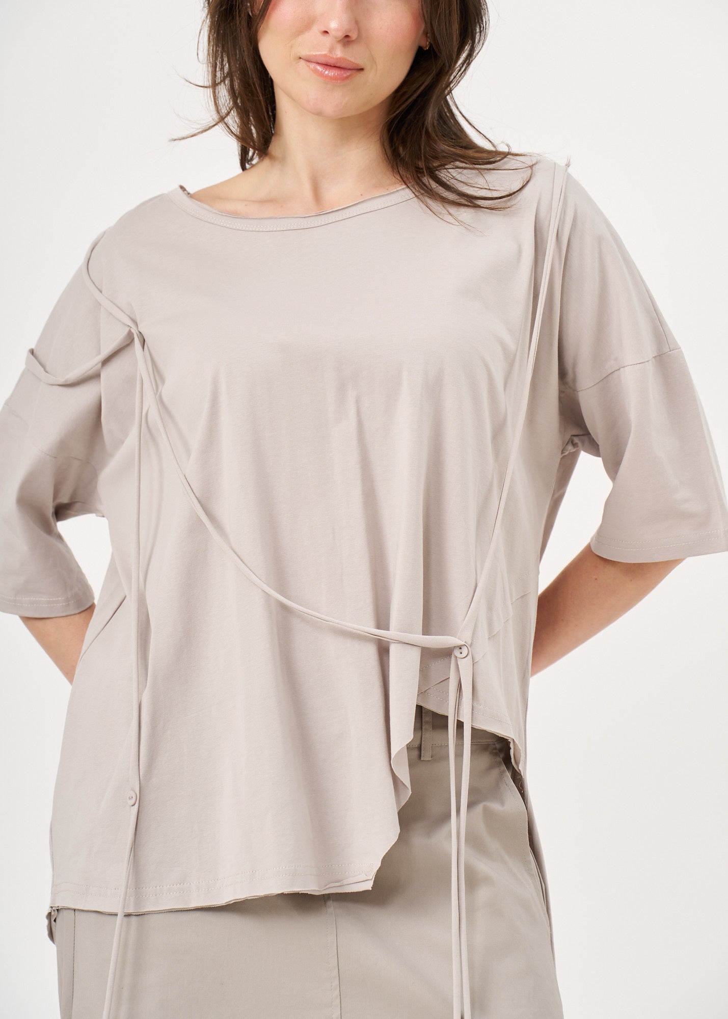 Light gray drawstring T-shirt with buttons