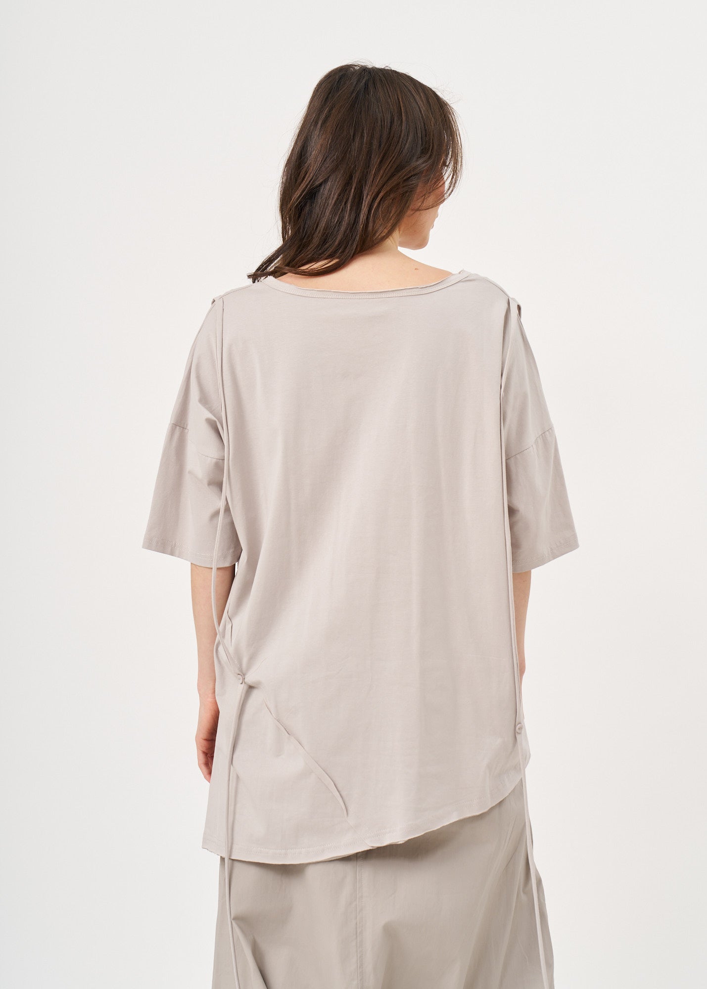 Light gray drawstring T-shirt with buttons