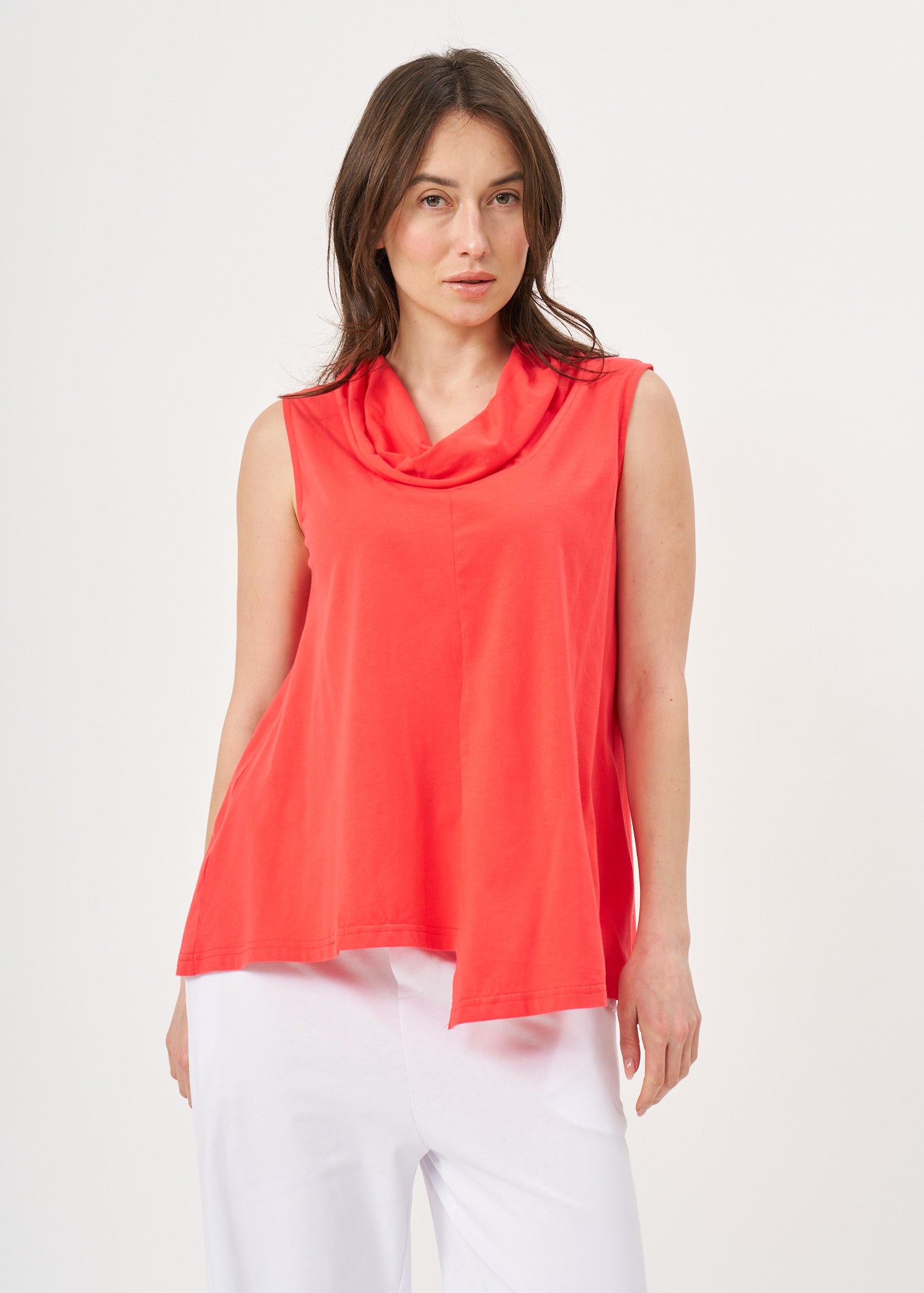 Orange tank top with a flowing collar