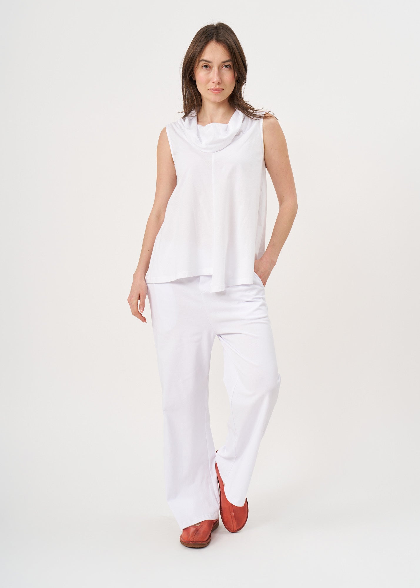 White tank top with a flowing collar