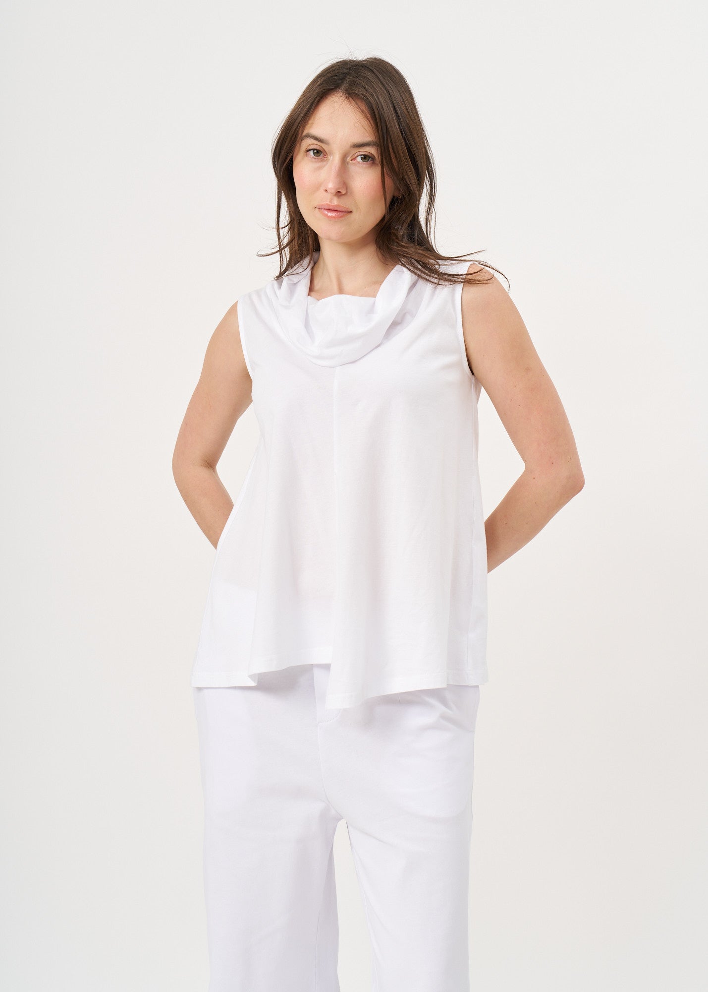 White tank top with a flowing collar