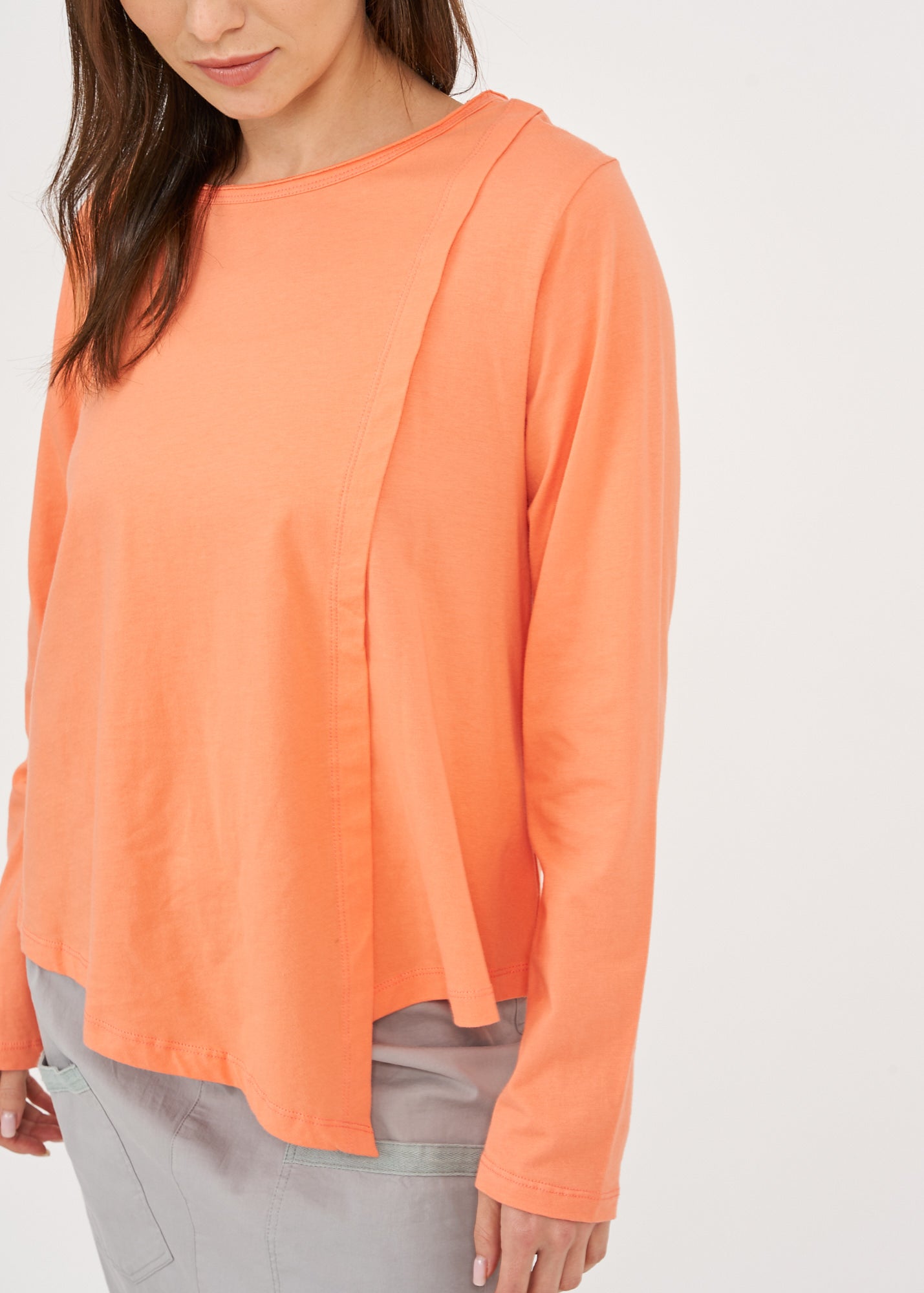 חולצה שרוול ארוך אסימטרית קפל לאורך כתום