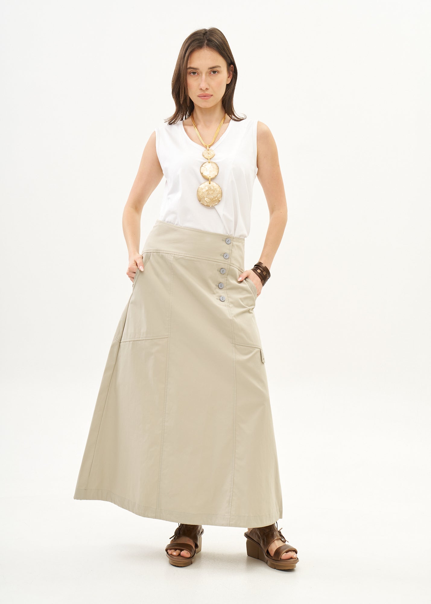 חצאית סגירת כפתורים שילוב סרט סטון