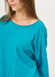 T-shirt with front slit and turquoise sleeve pleats