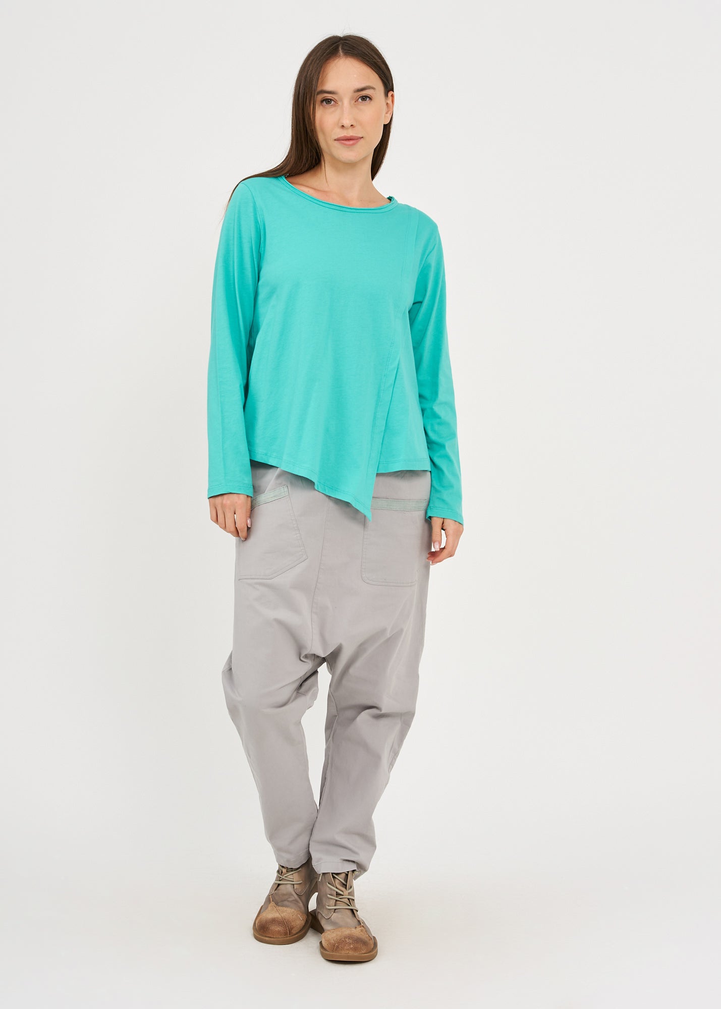 חולצה שרוול ארוך אסימטרית קפל לאורך טורקיז