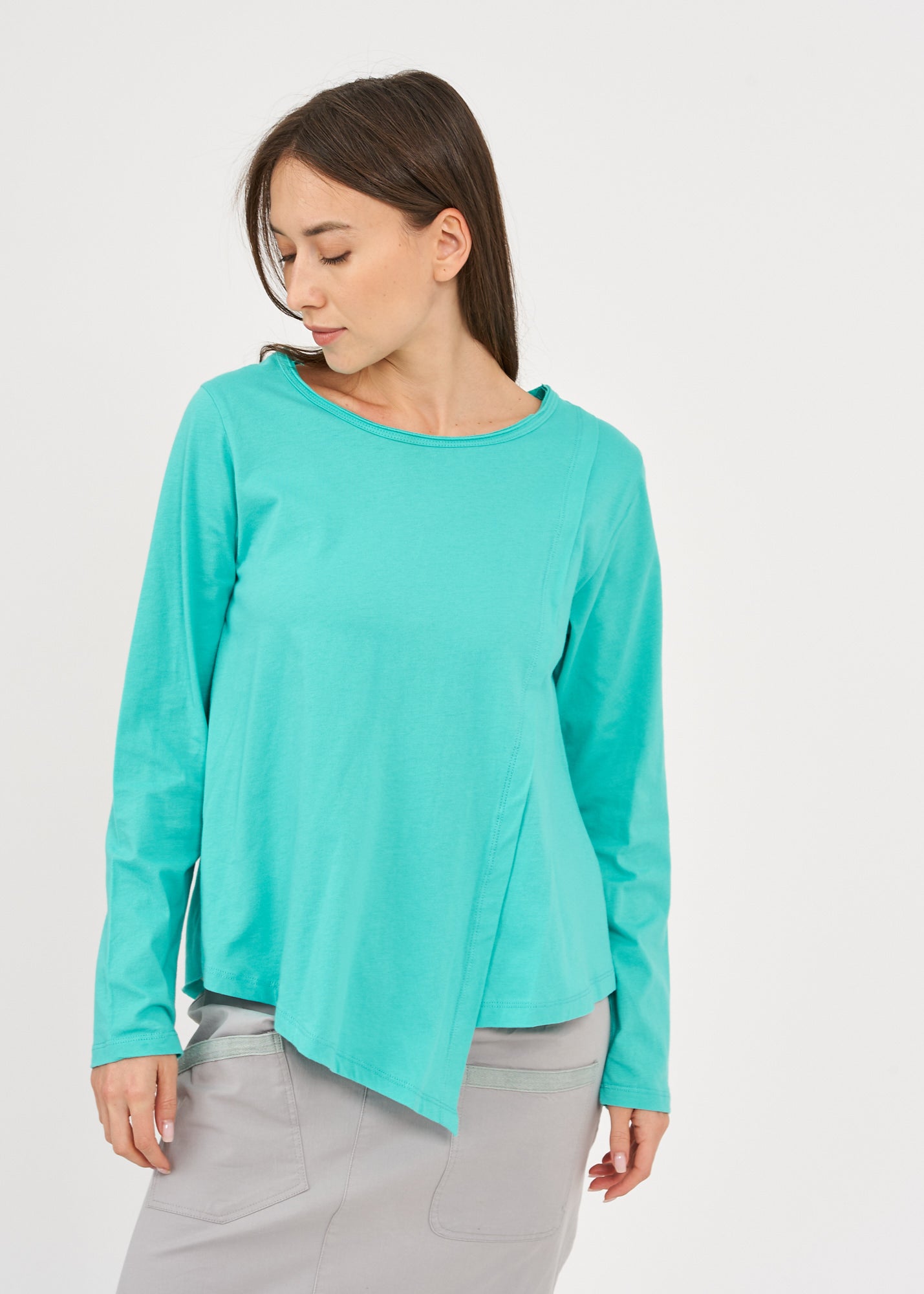 חולצה שרוול ארוך אסימטרית קפל לאורך טורקיז