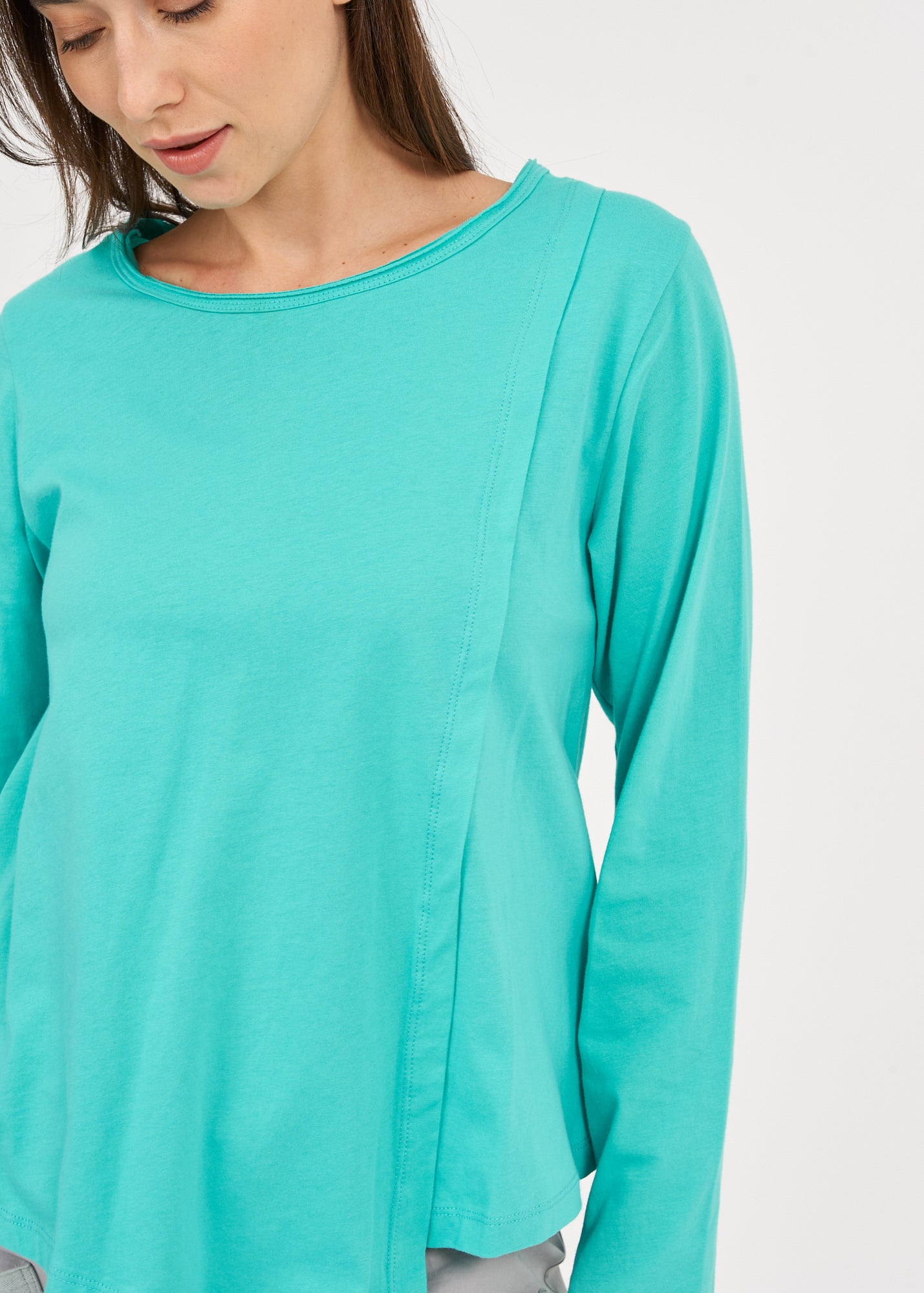 חולצה שרוול ארוך אסימטרית קפל לאורך טורקיז