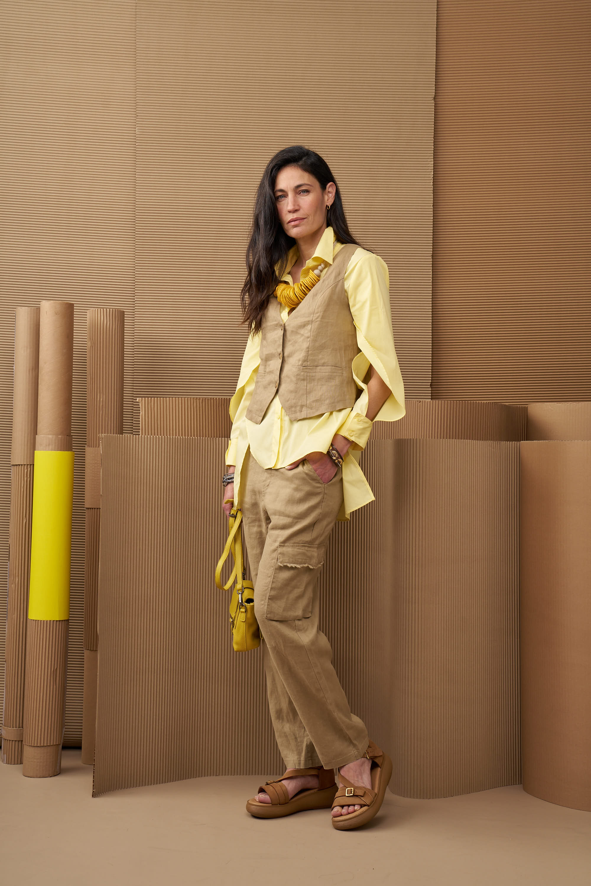 Yellow paper mache flat disc necklace