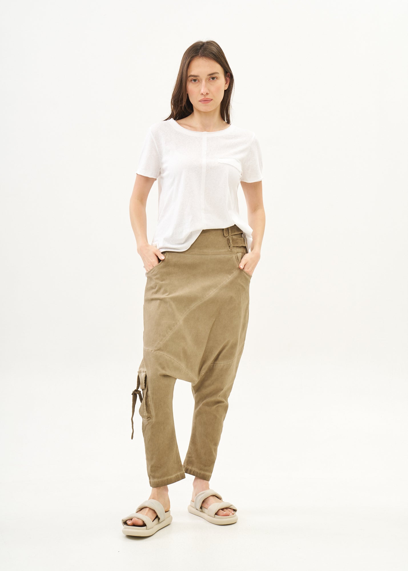 Baggy pants with diagonal cuts and buckles, brown wash