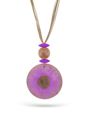 Mango wood necklace with purple painted stripes texture