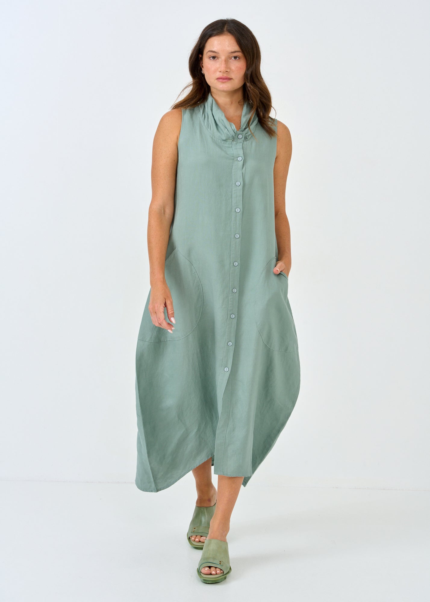 Linen dress without a button, green, Kedima