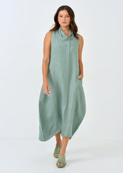 Linen dress without a button, green, Kedima