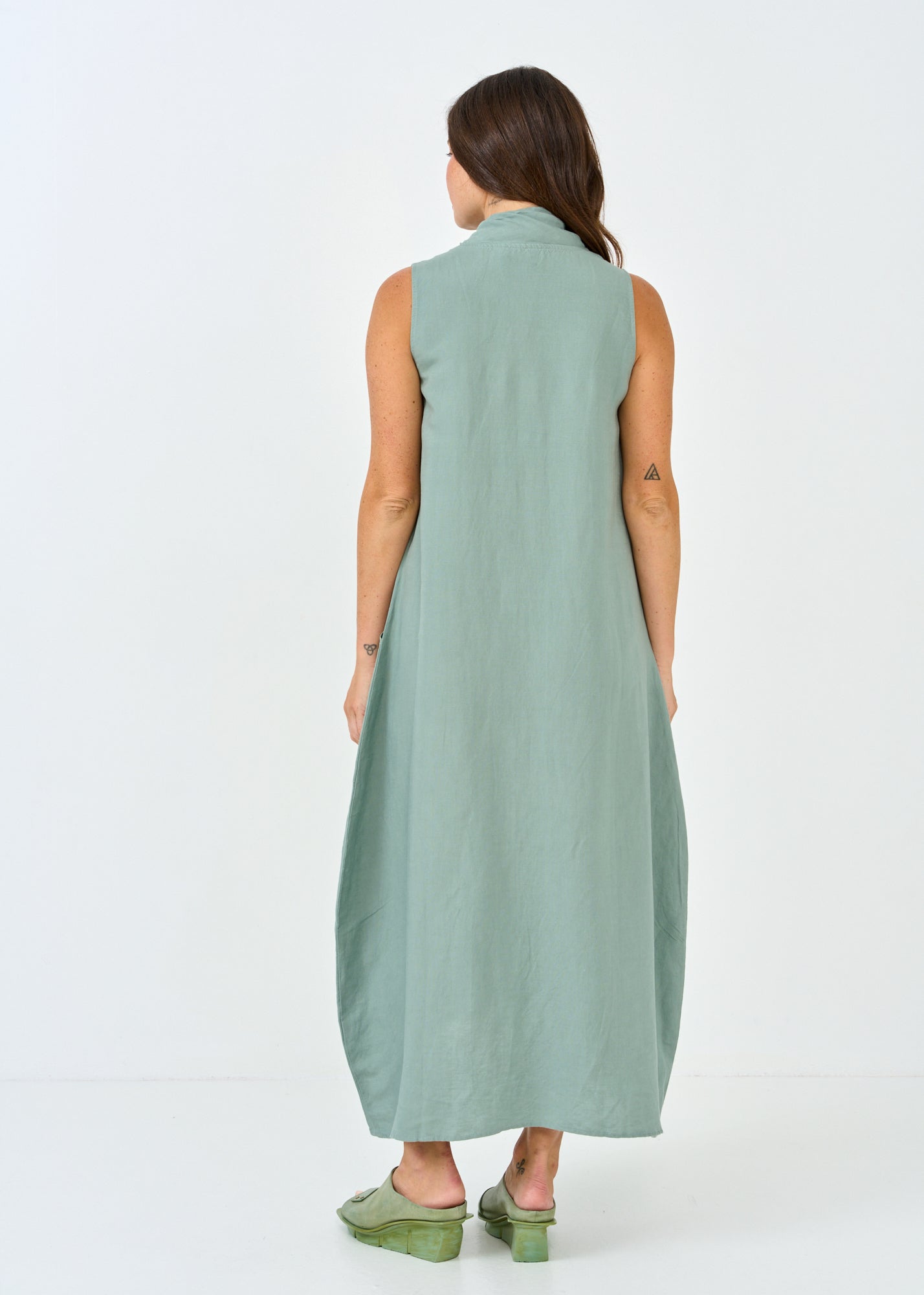 Linen dress without a button, green, Kedima