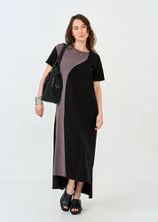 שמלה שרוול קצר שילוב שני צבעים שחור