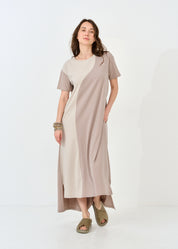 שמלה שרוול קצר שילוב שני צבעים אפור בהיר