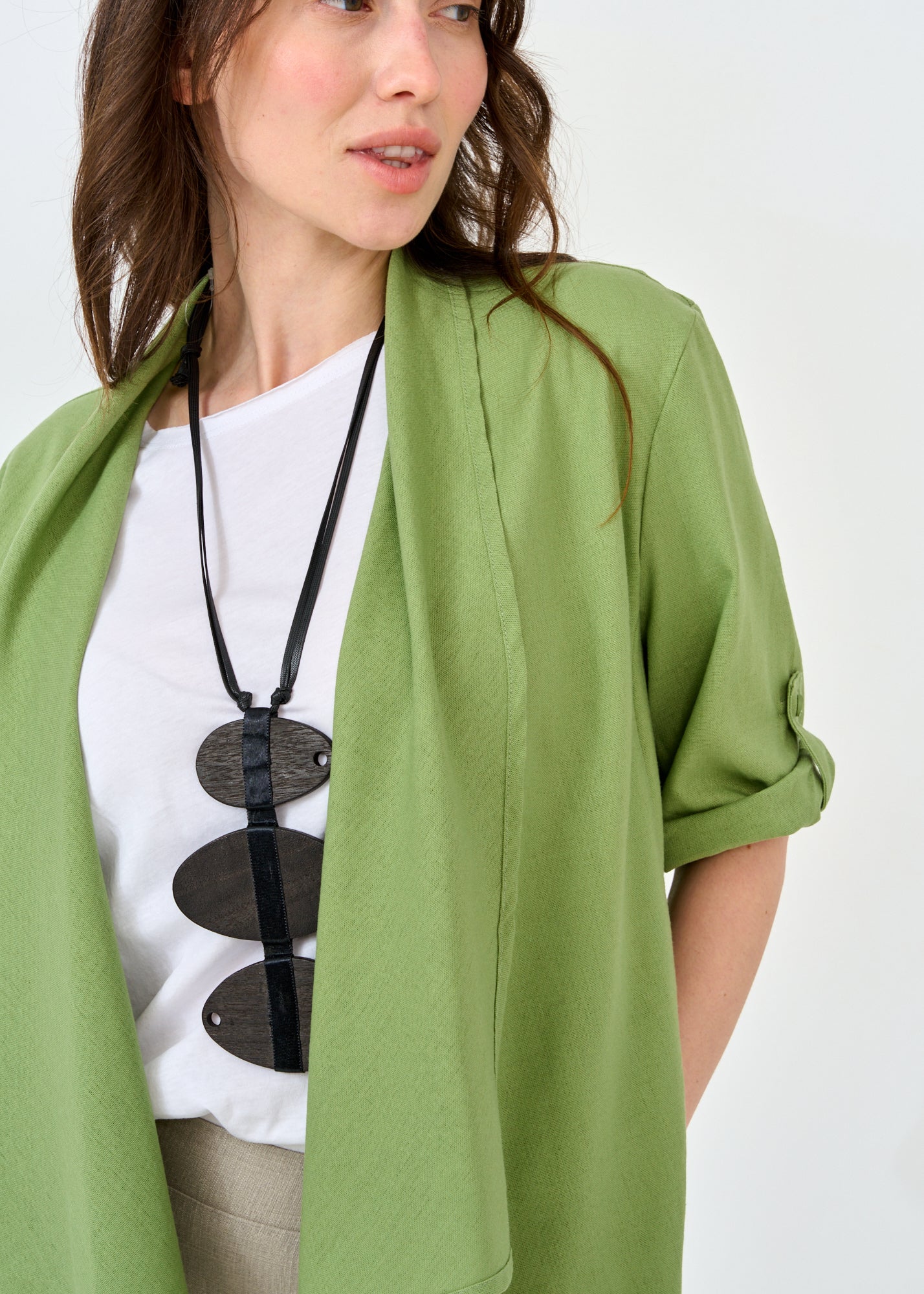 Green open linen top