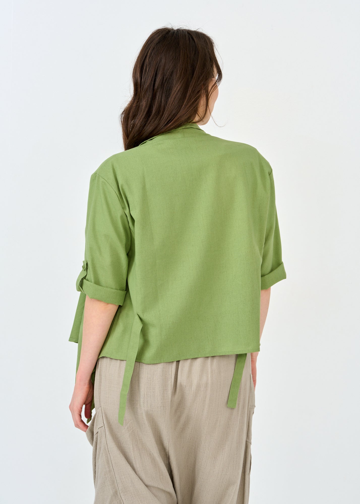 Green open linen top