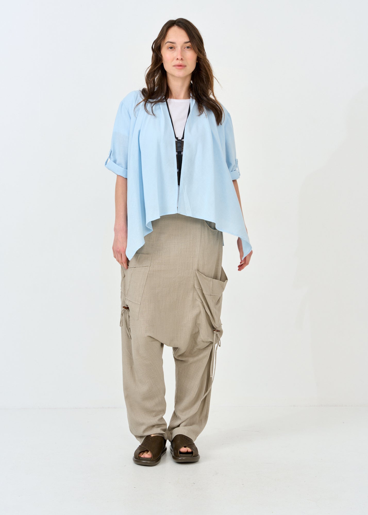 Light blue open linen top