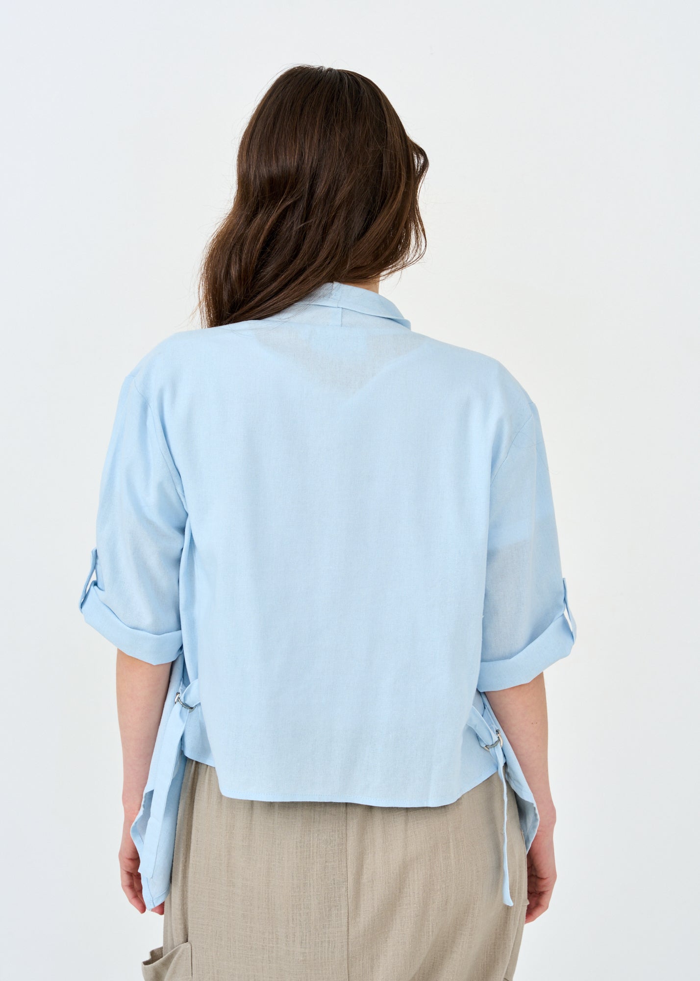 Light blue open linen top