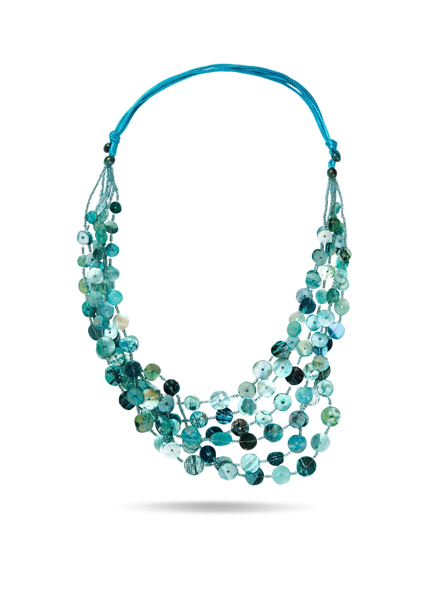 Necklace of rows of turquoise round shells
