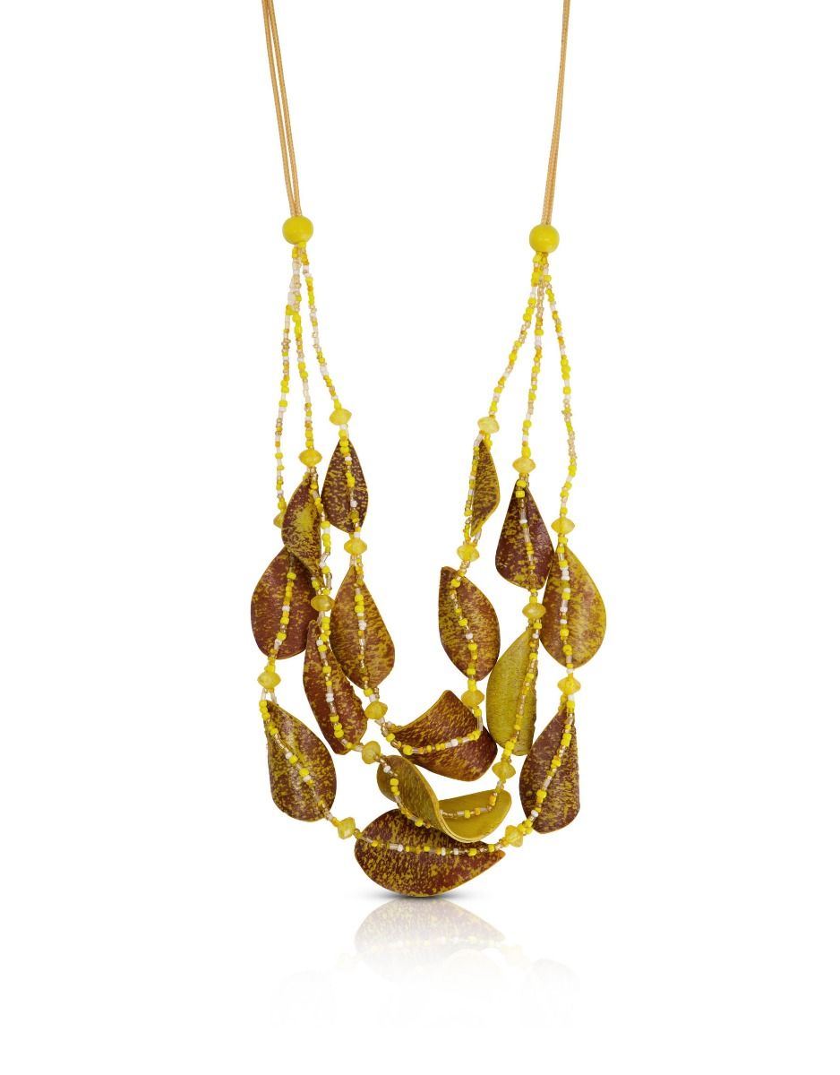 Curved painted bark necklace and yellow beads