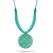 Handmade necklace straw rows and resin circle with turquoise squares