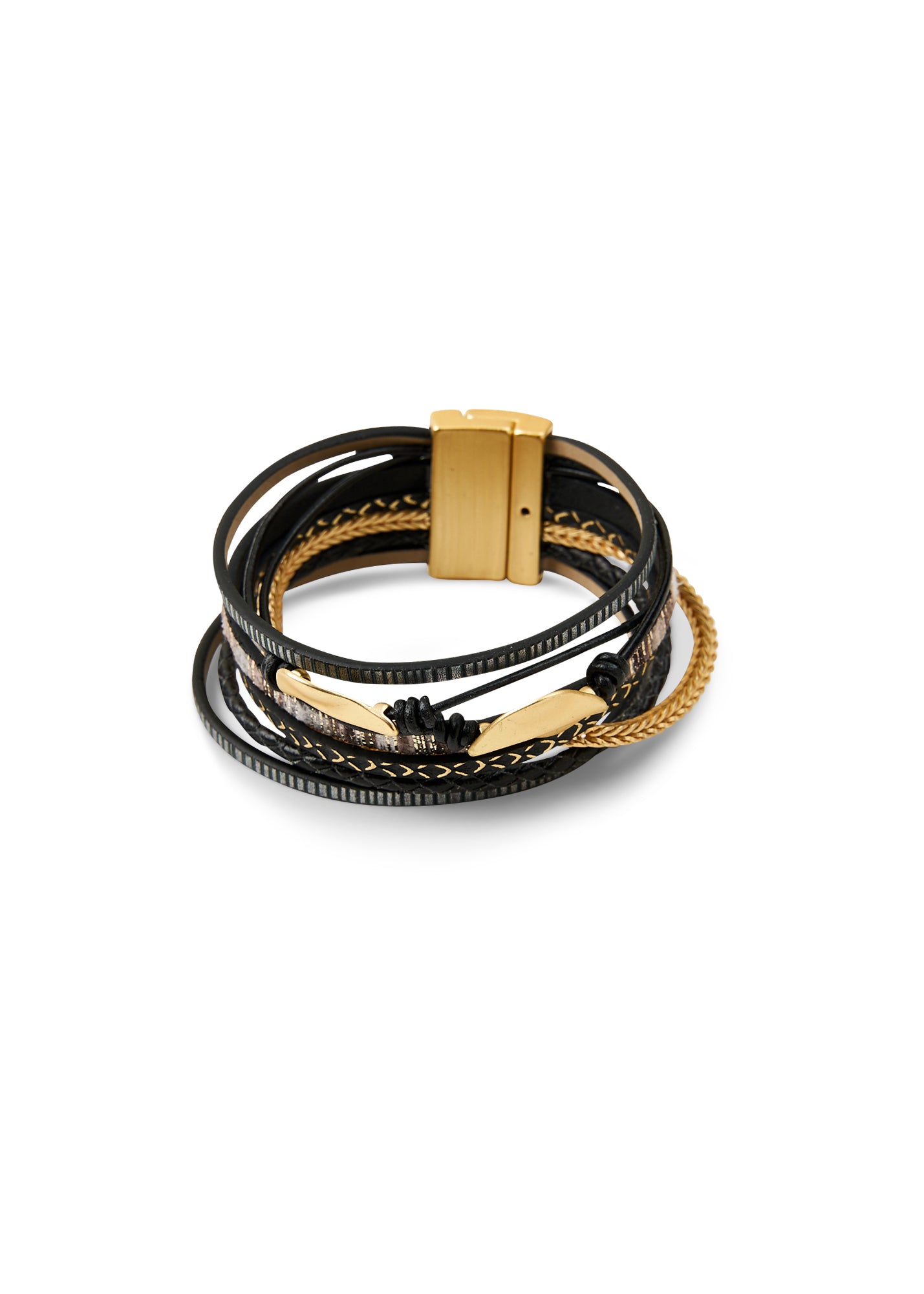 צמיד שילוב רצועות עור ועלים שחור