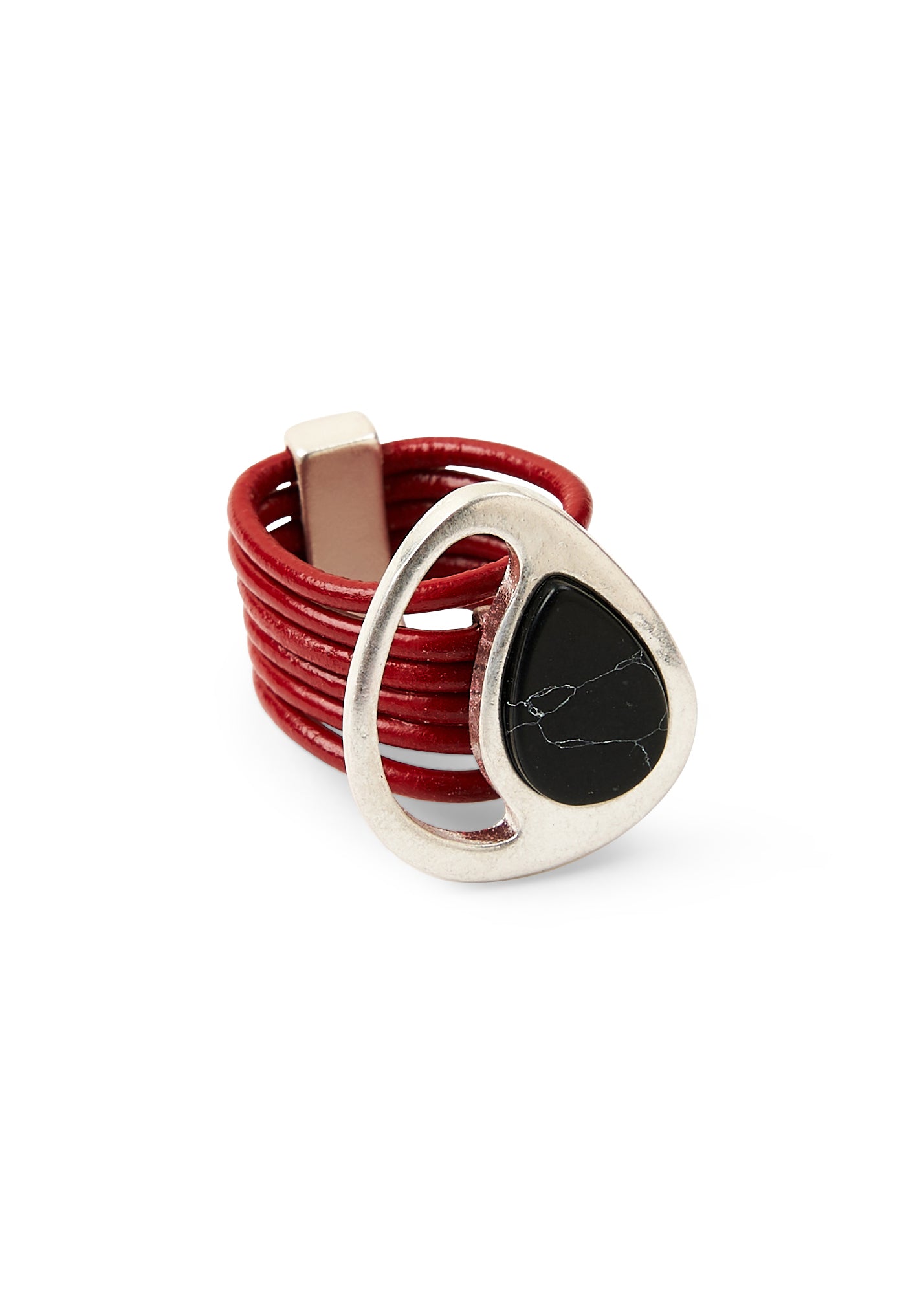 Leather strap ring and black teardrop stone