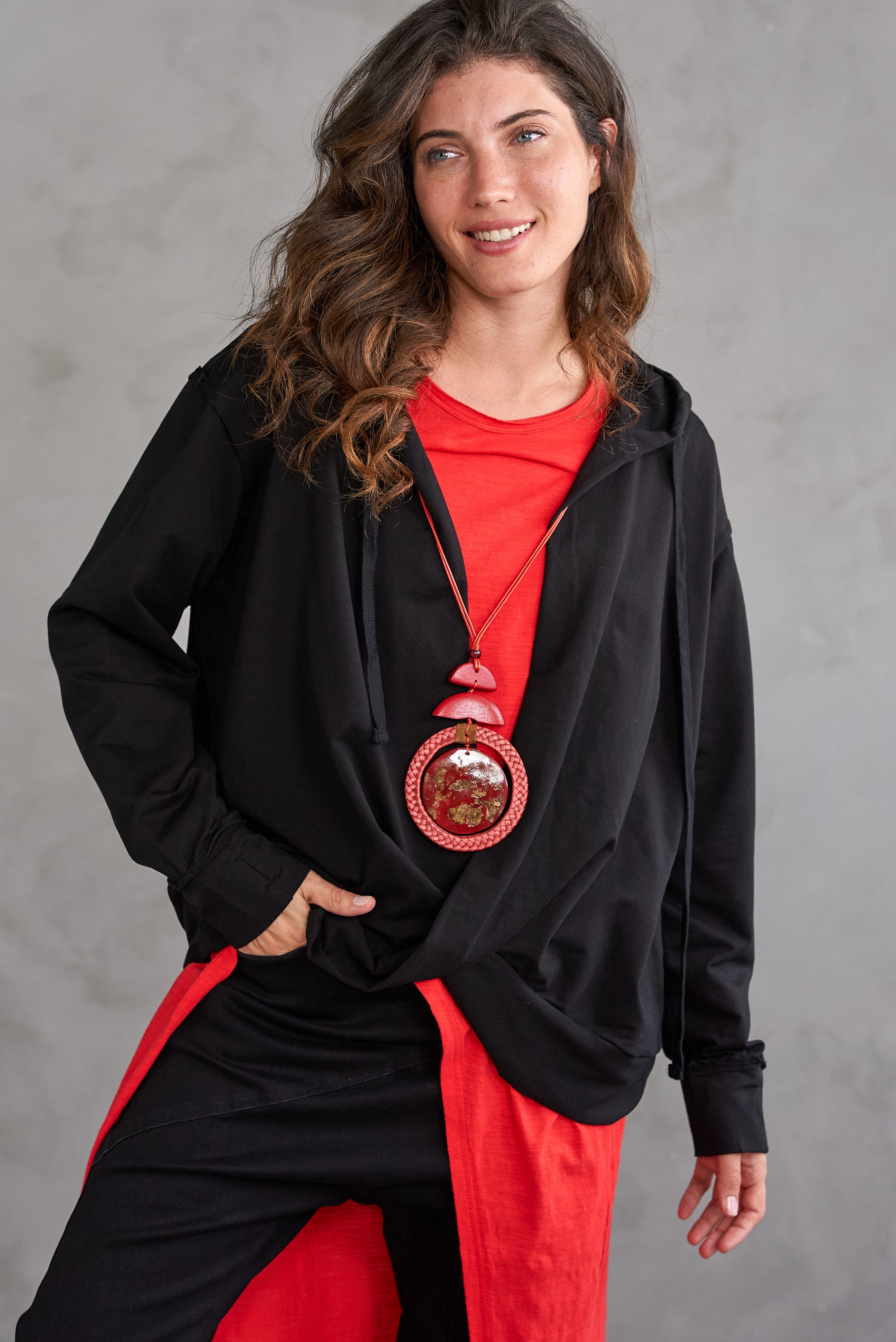 Handmade necklace, rope hoop and red resin circle