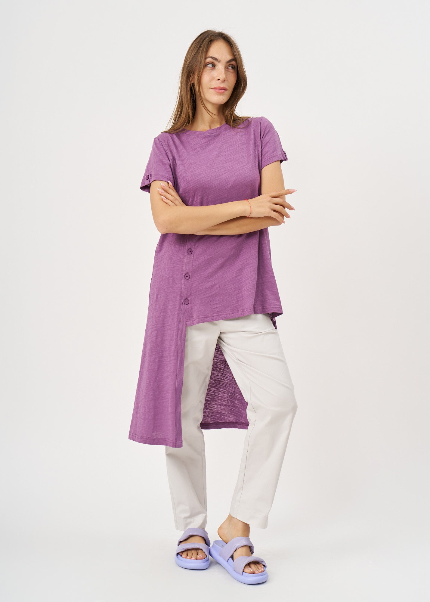 Purple long button short sleeve tunic