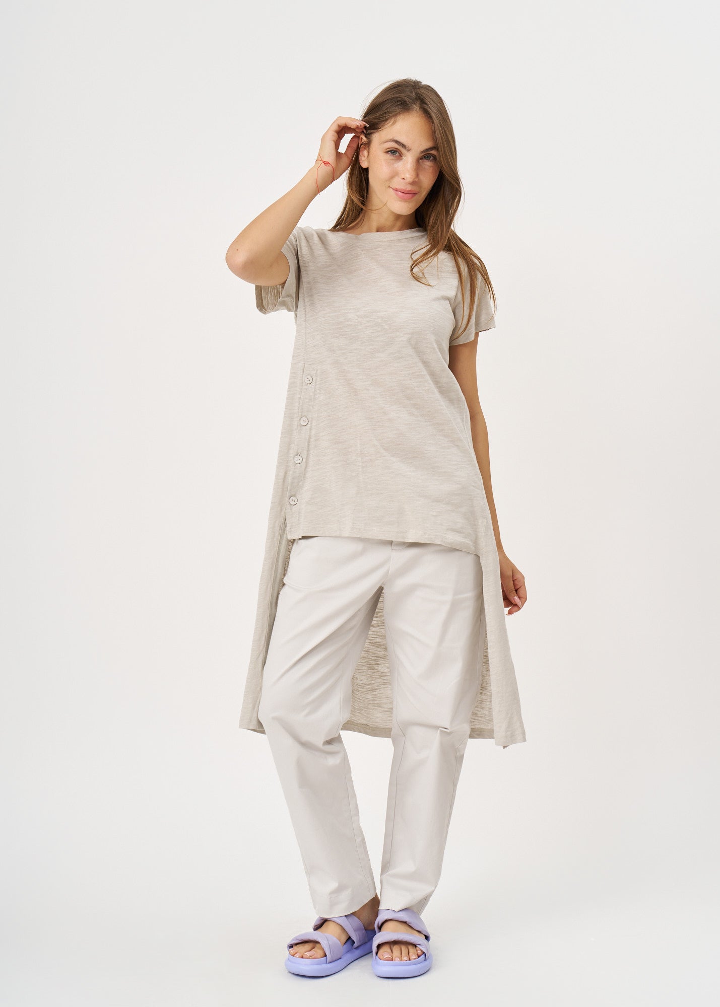 Stone Long Button Short Sleeve Tunic