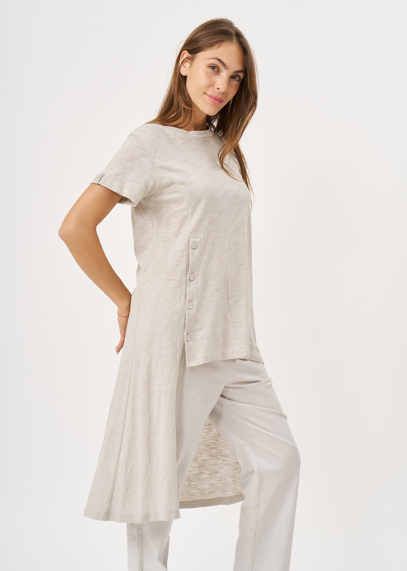 Stone Long Button Short Sleeve Tunic