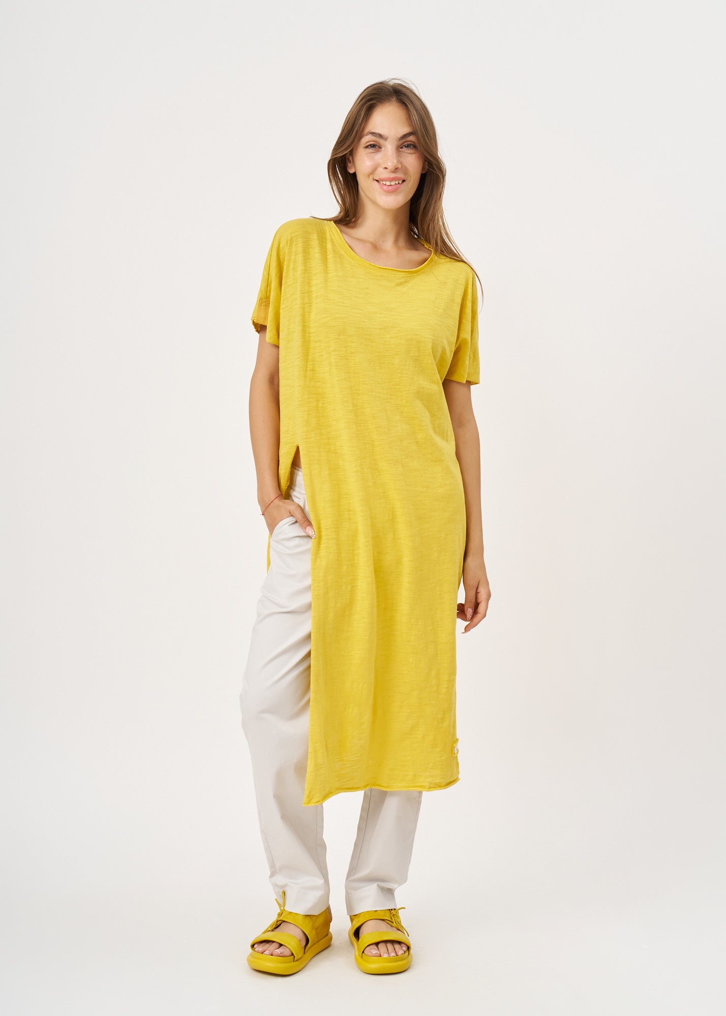 Mustard short sleeve tunic with front slit