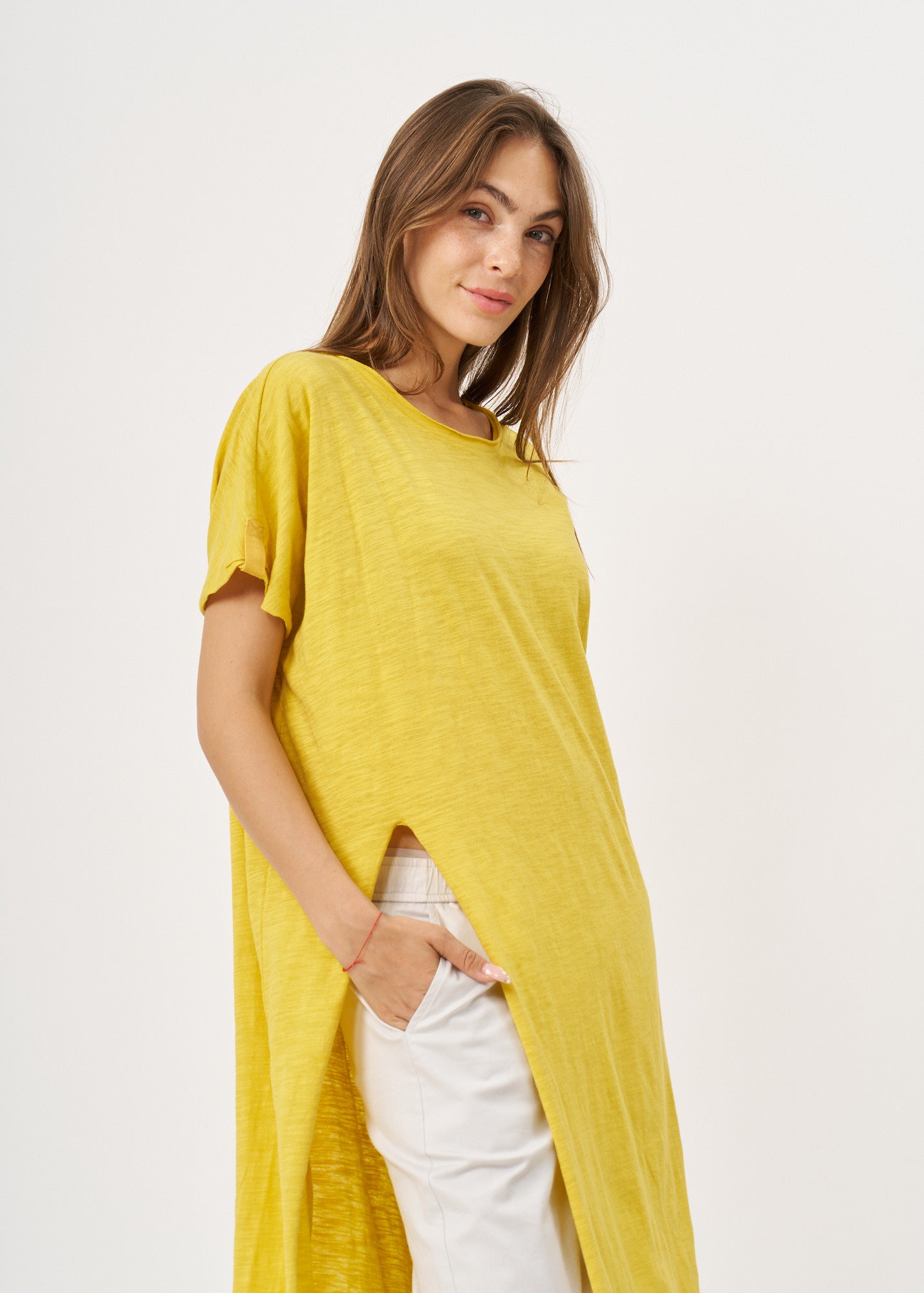 Mustard short sleeve tunic with front slit
