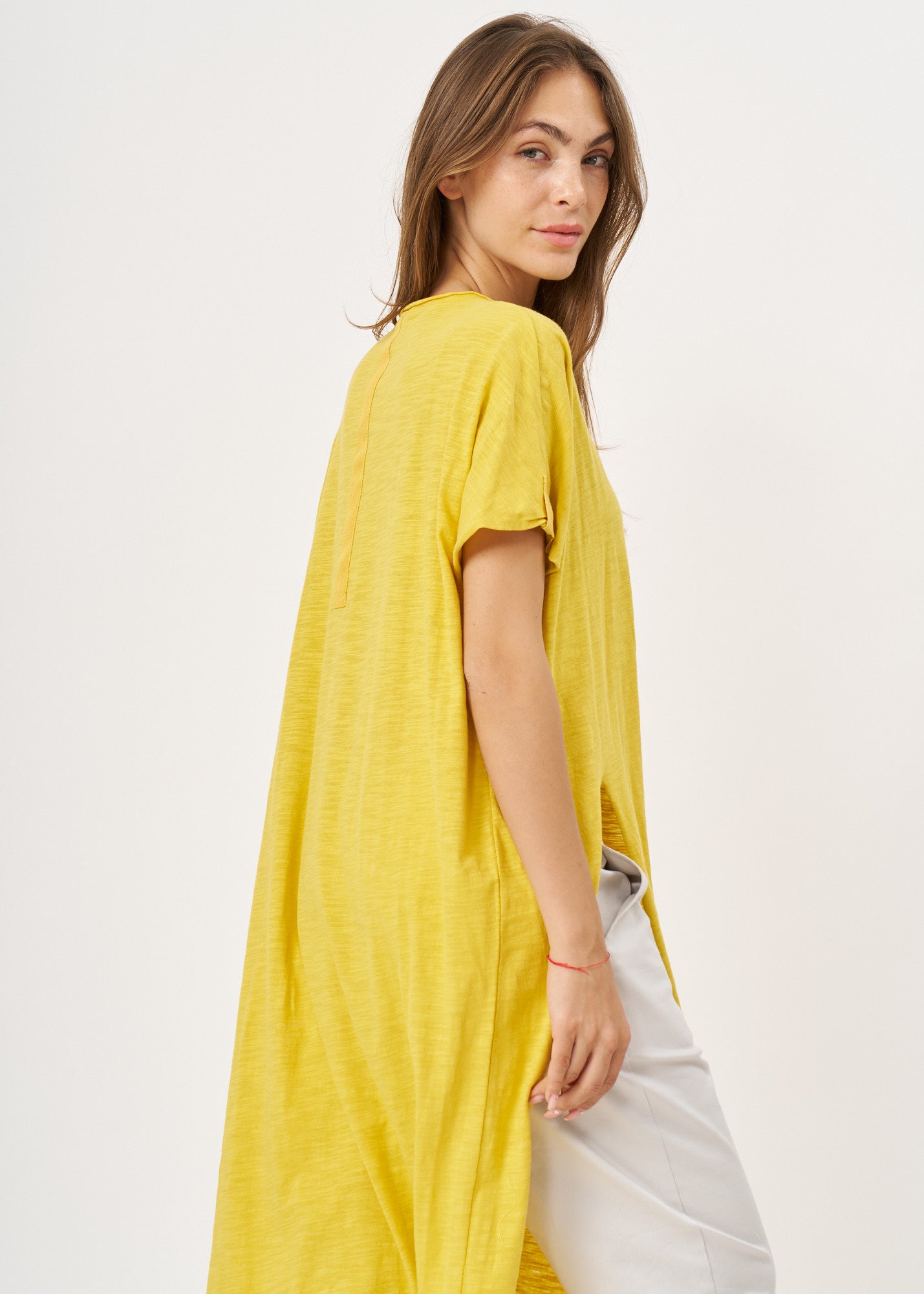 Mustard short sleeve tunic with front slit