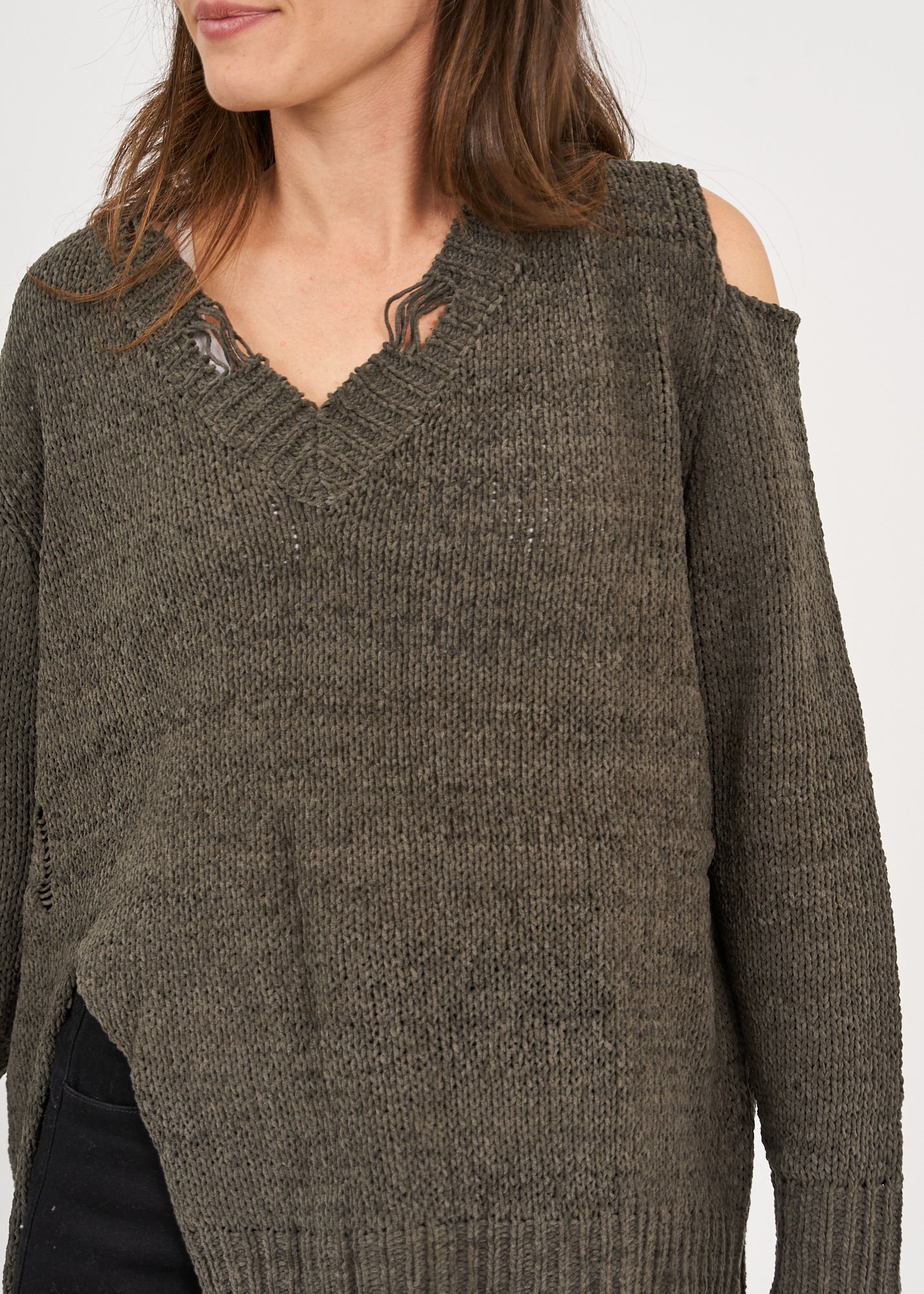 Dark gray off-shoulder V-neck knit
