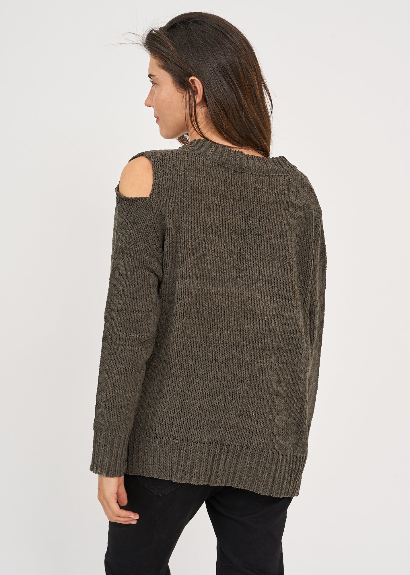 Dark gray off-shoulder V-neck knit
