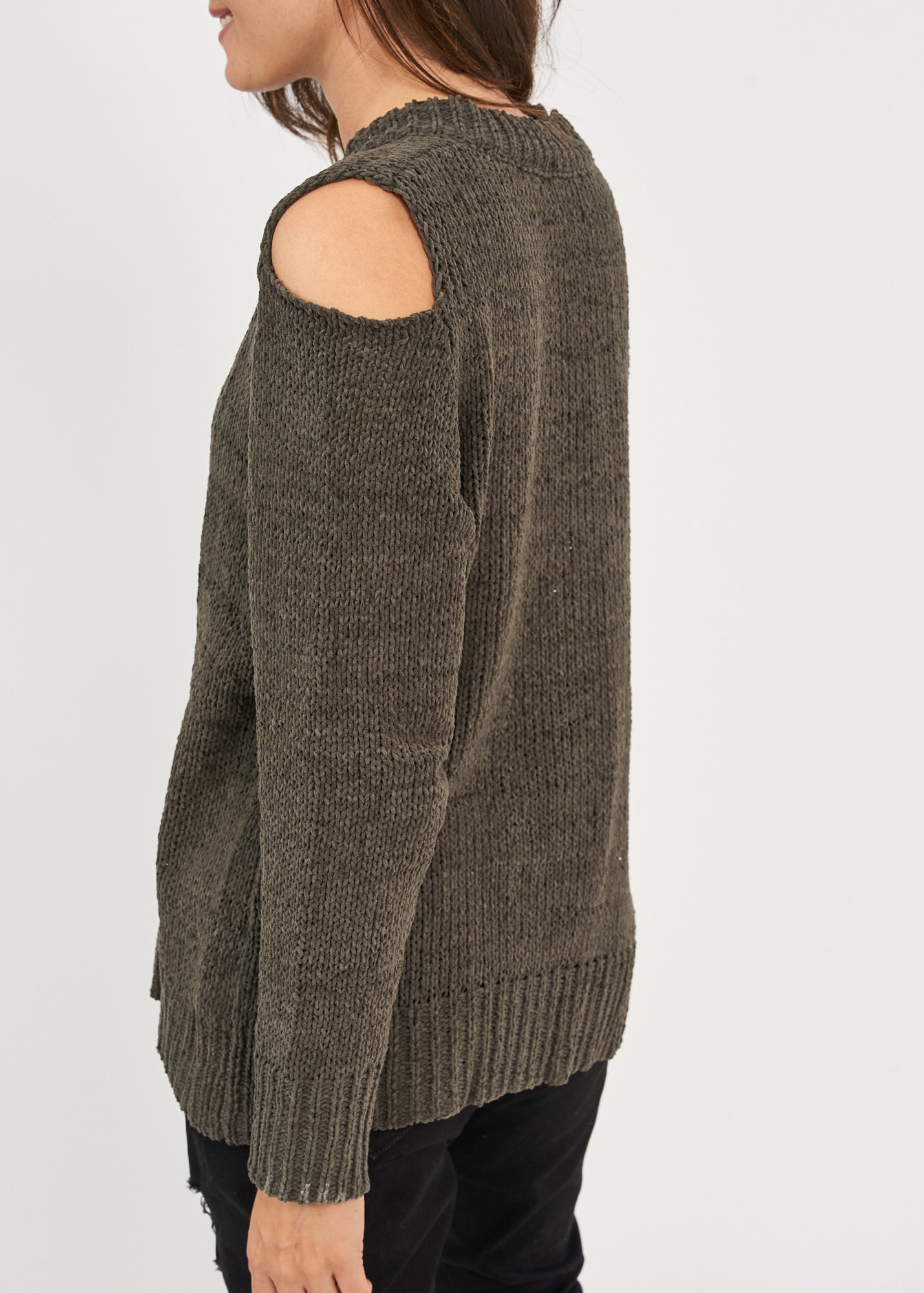 Dark gray off-shoulder V-neck knit