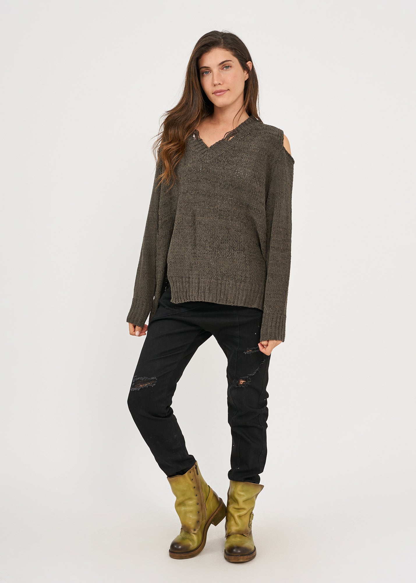 Dark gray off-shoulder V-neck knit