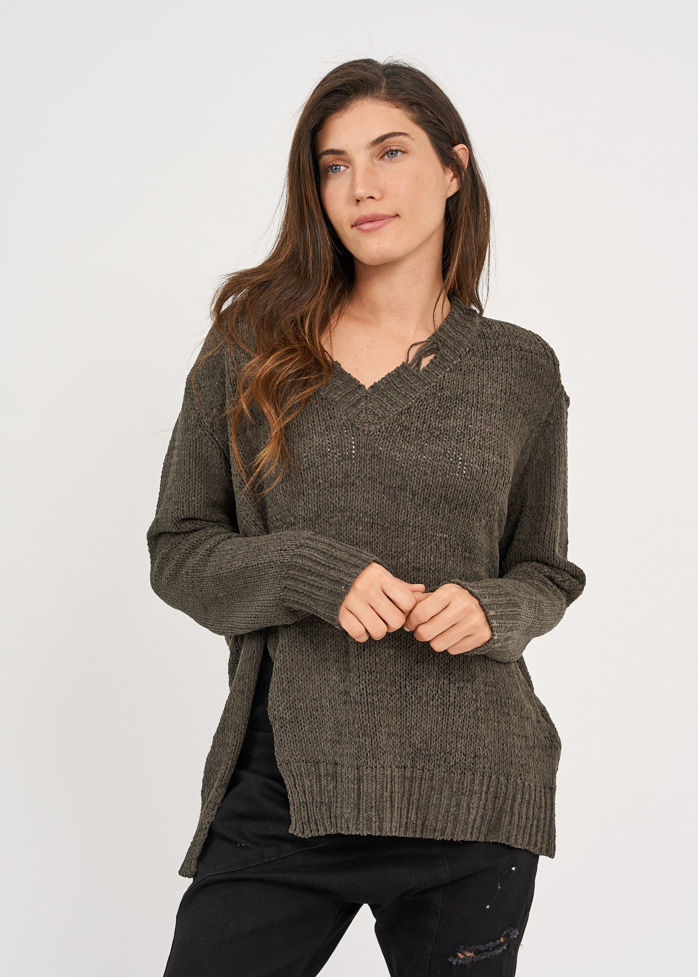 Dark gray off-shoulder V-neck knit