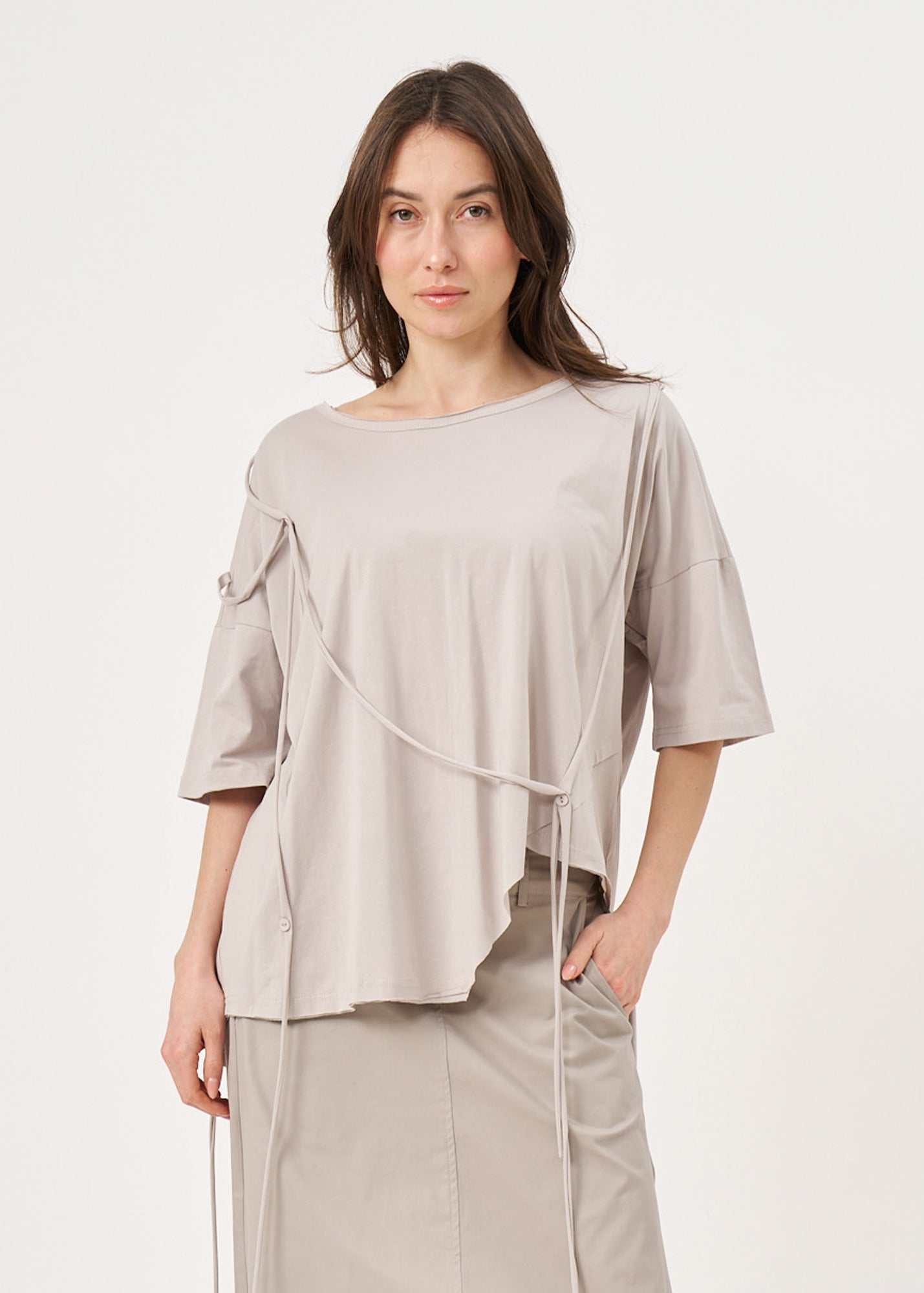 Light gray drawstring T-shirt with buttons